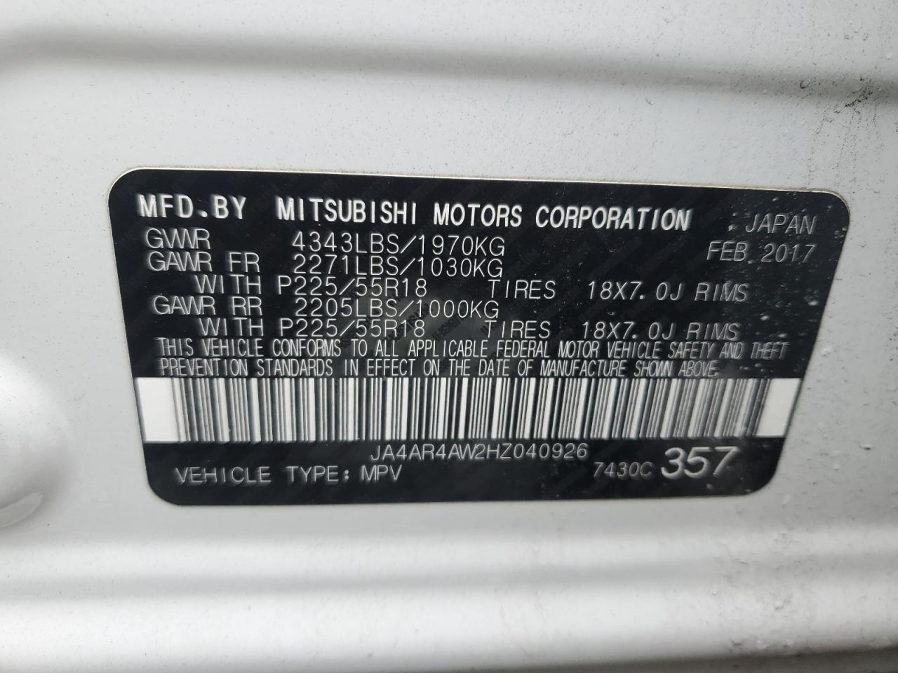 2017 Mitsubishi Outlander VIN JA4AR4AW2HZ040926 Copart auction photo, rear end / front end damage thumbnail 16