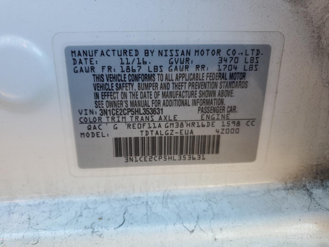 2017 Nissan Versa VIN 3N1CE2CP5HL353631 Copart auction photo, side damage thumbnail 13