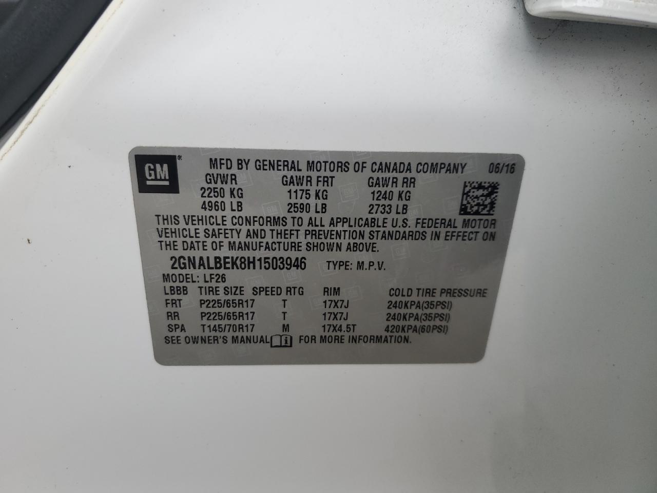 2017 Chevrolet Equinox VIN 2GNALBEK8H1503946 Copart auction photo, front end / side damage thumbnail 14