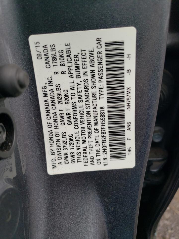 2015 Honda Civic VIN 2HGFB2F87FH558818 Copart auction photo, front end damage thumbnail 12