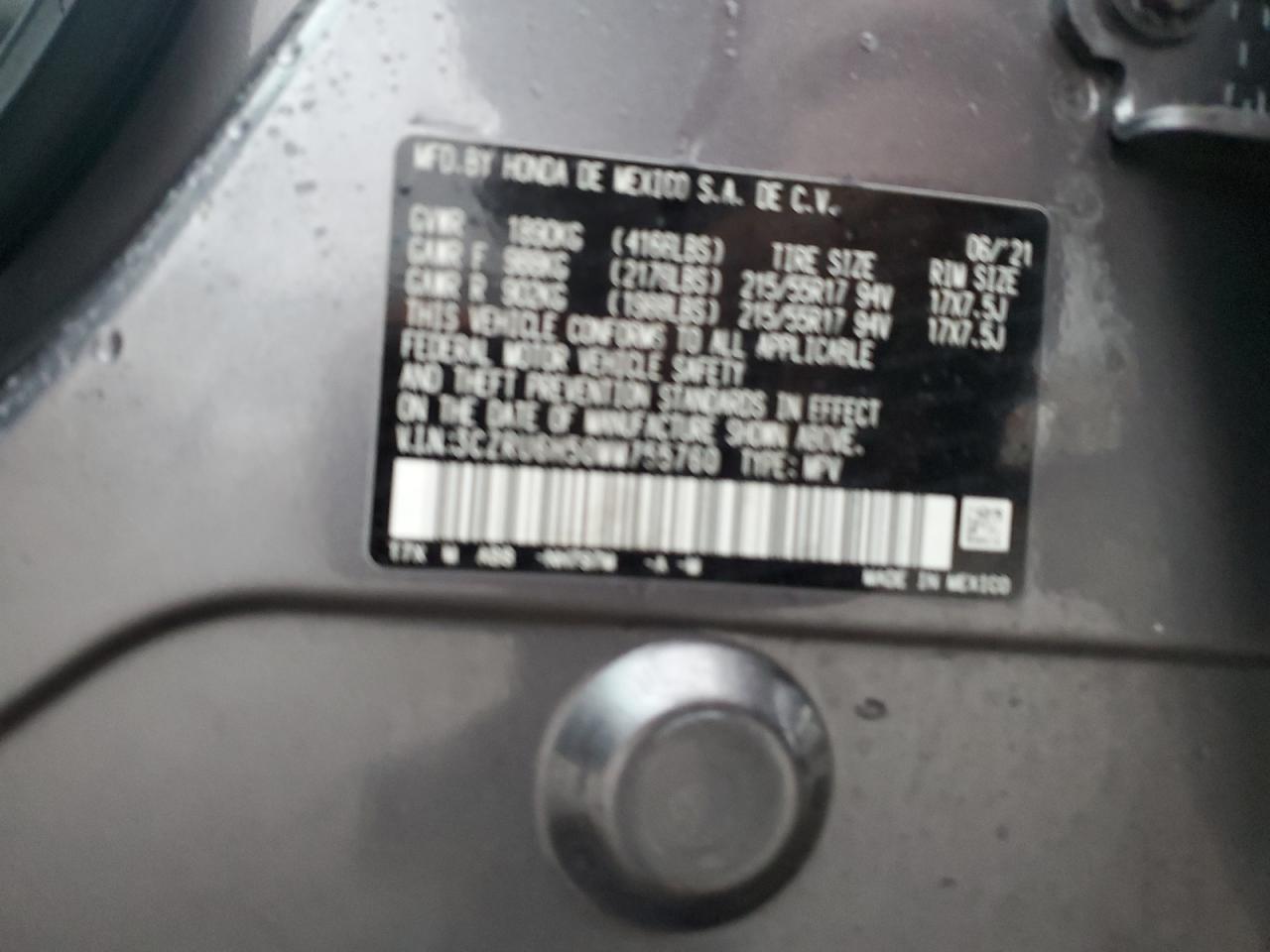 2021 Honda HR-V VIN 3CZRU6H50MM755760 Copart auction photo, side damage thumbnail 13