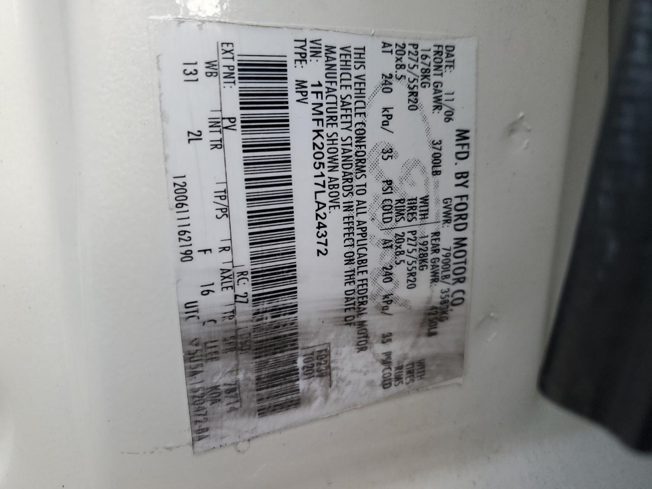 2007 Ford Expedition VIN 1FMFK20517LA24372 Copart auction photo, rear end / side damage thumbnail 14
