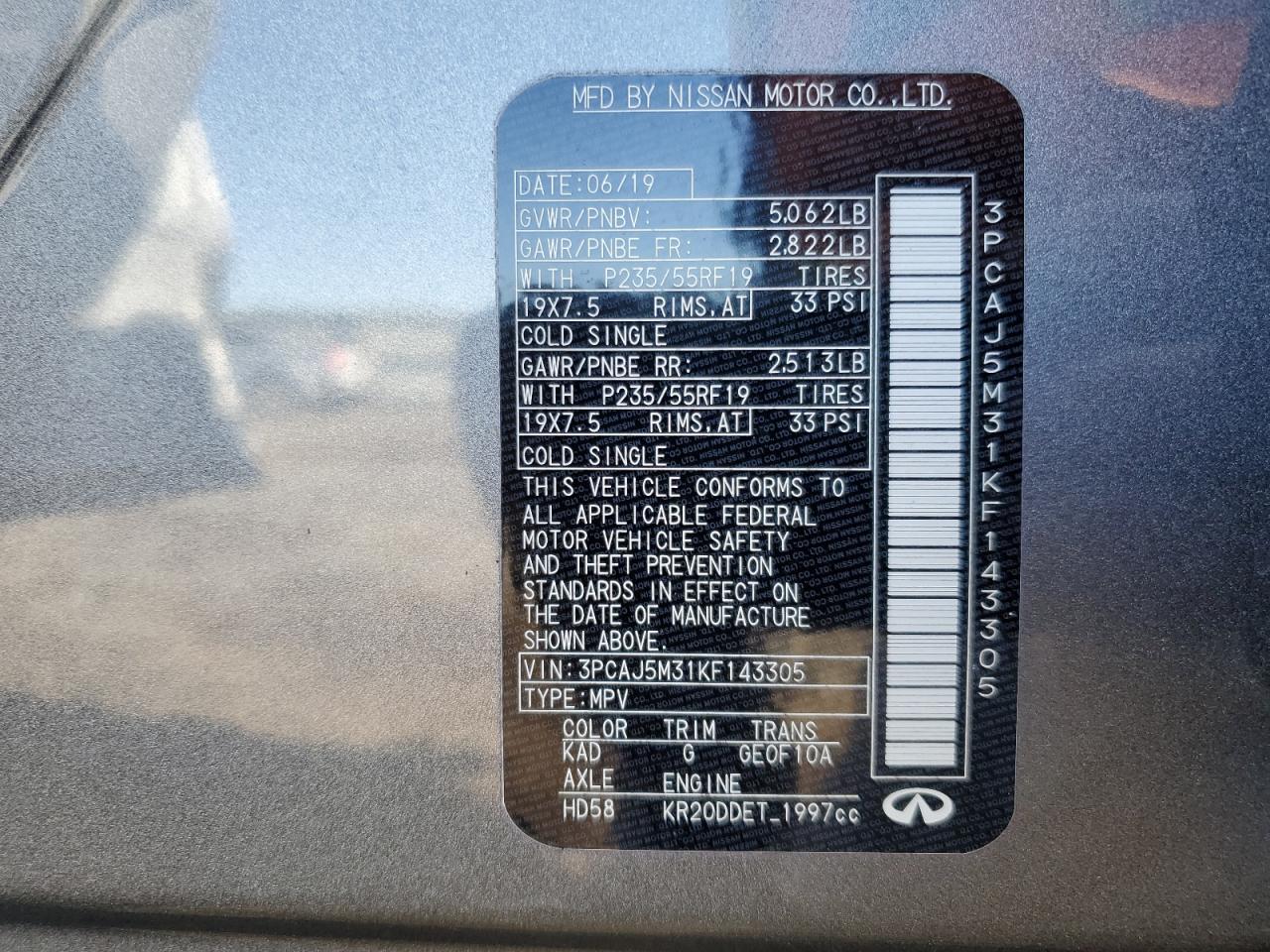 2019 Infiniti QX50 VIN 3PCAJ5M31KF143305 Copart auction photo, side damage thumbnail 15
