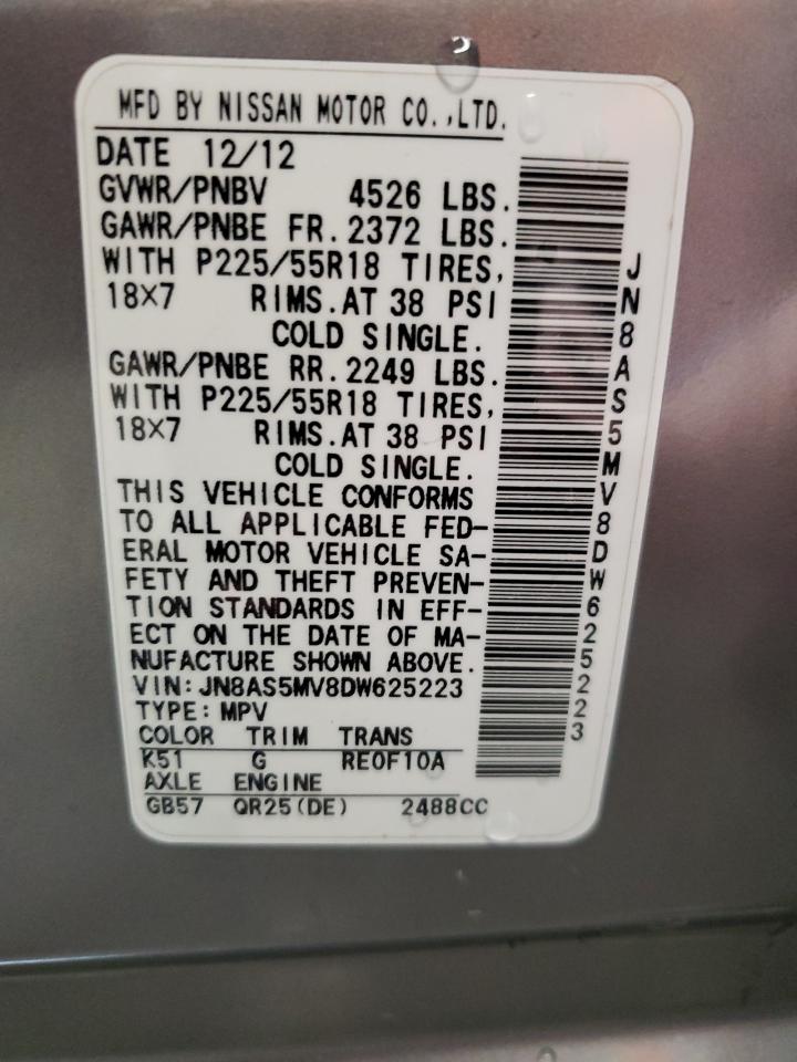 2013 Nissan Rogue VIN JN8AS5MV8DW625223 Copart auction photo, all over damage thumbnail 14
