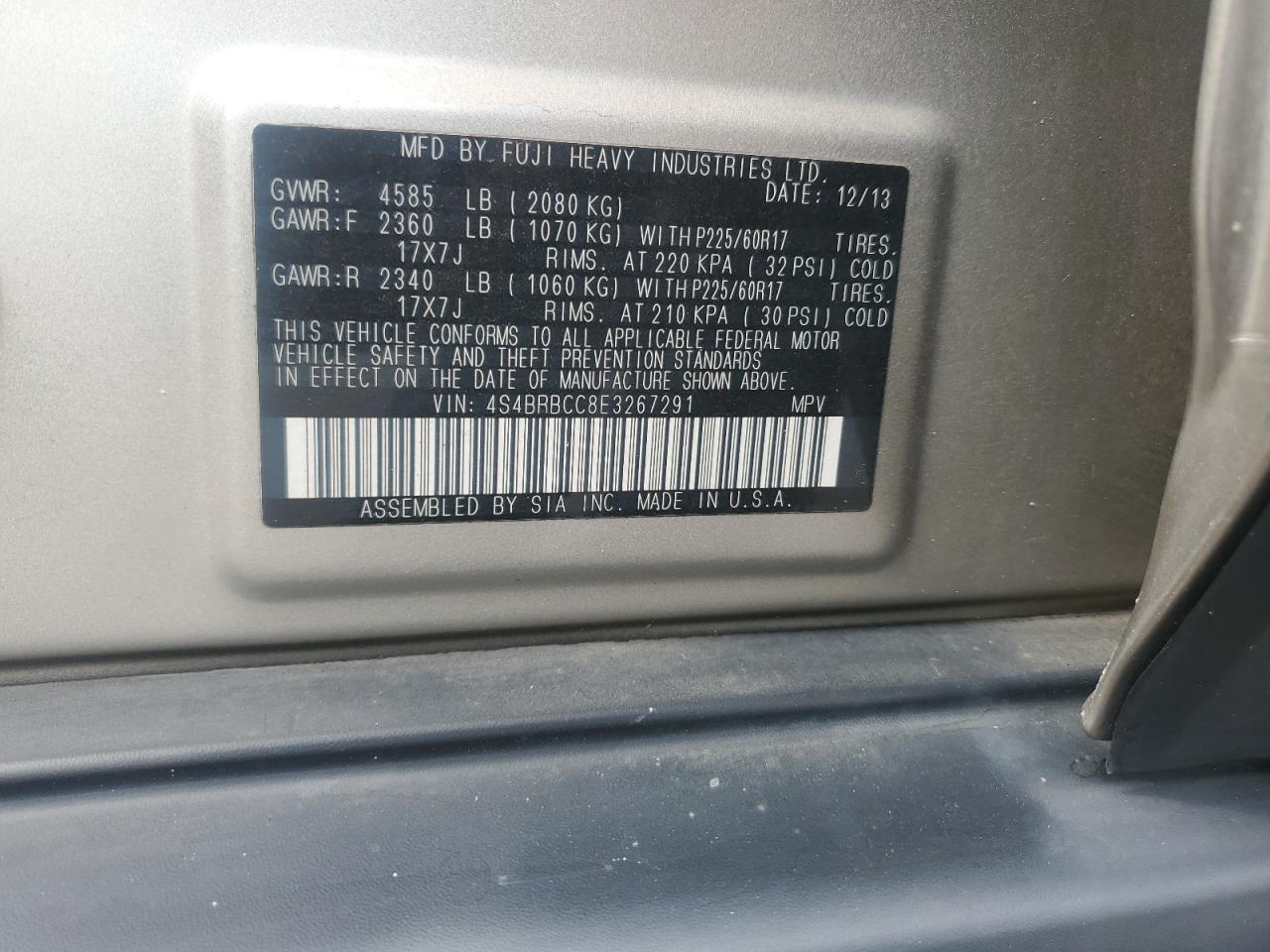 2014 Subaru Outback VIN 4S4BRBCC8E3267291 Copart auction photo, rear end / side damage thumbnail 13