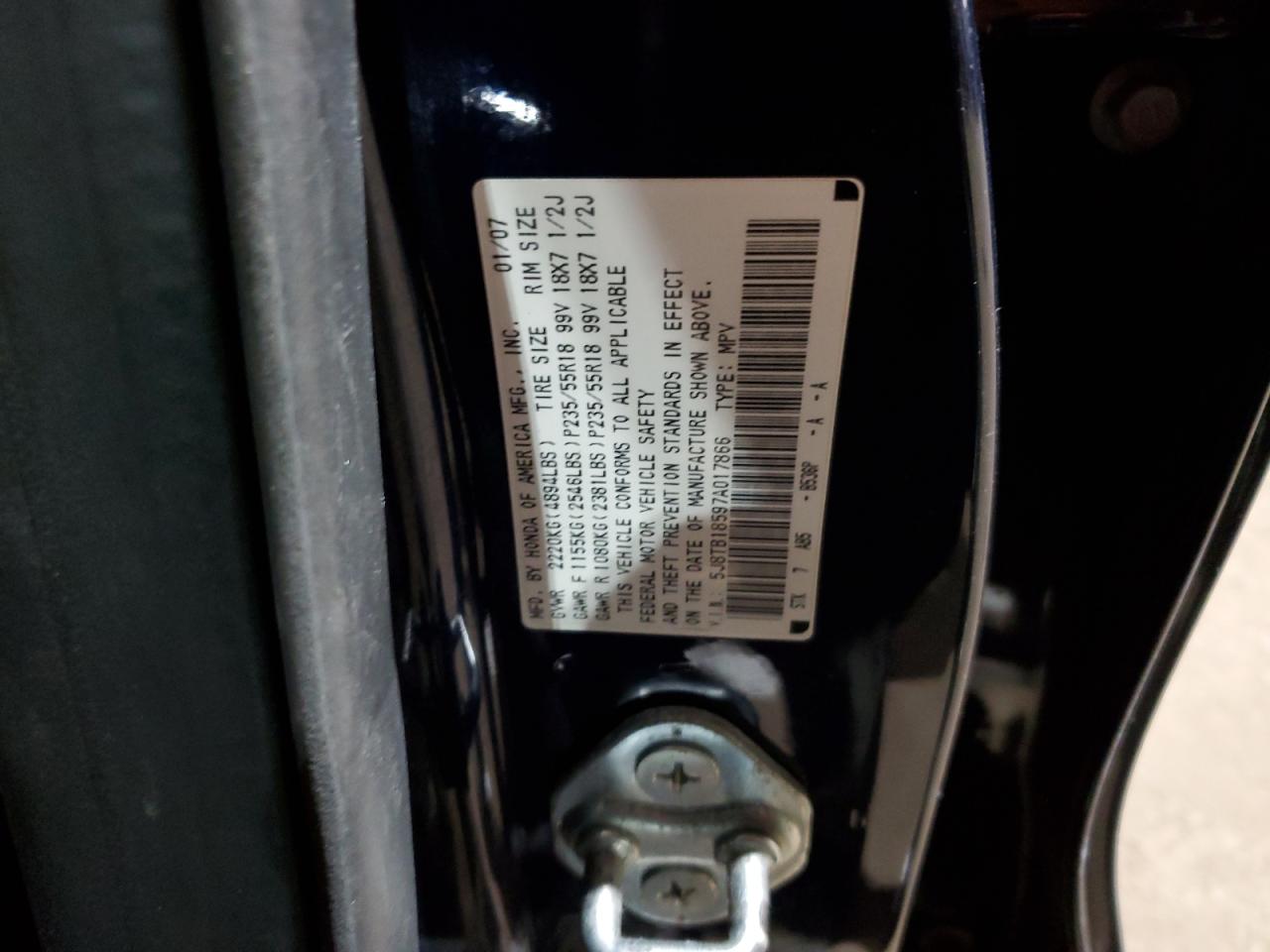 2007 Acura RDX VIN 5J8TB18597A017866 Copart auction photo, rear end / front end damage thumbnail 15