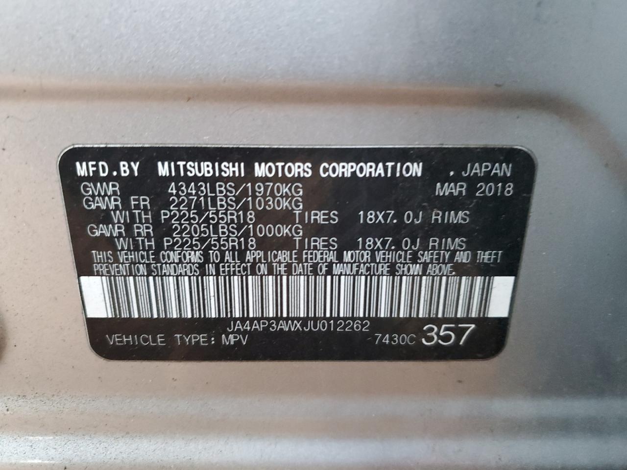 2018 Mitsubishi Outlander VIN JA4AP3AWXJU012262 Copart auction photo, mechanical damage thumbnail 13