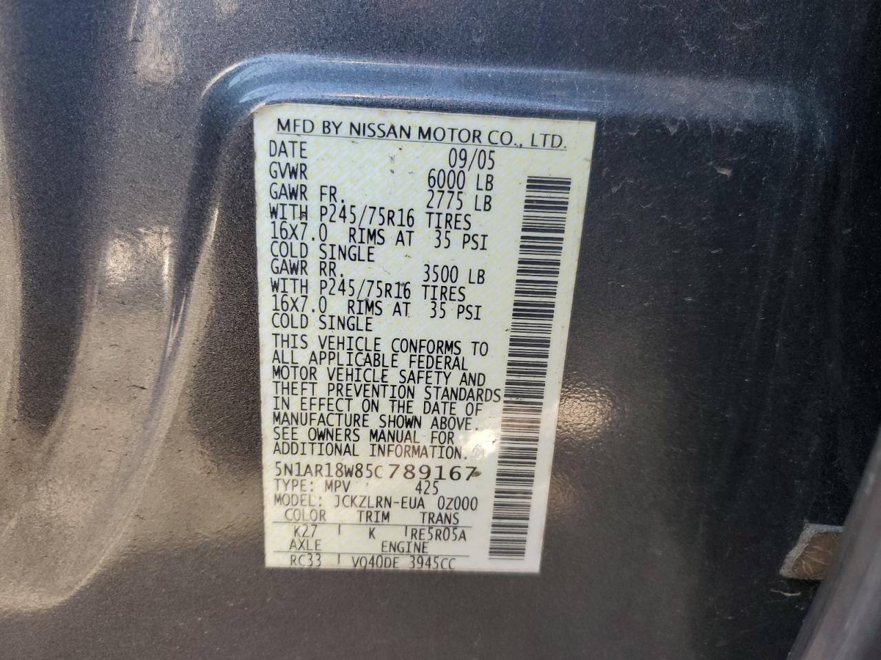 2005 Nissan Pathfinder VIN 5N1AR18W85C789167 Copart auction photo, front end damage thumbnail 13