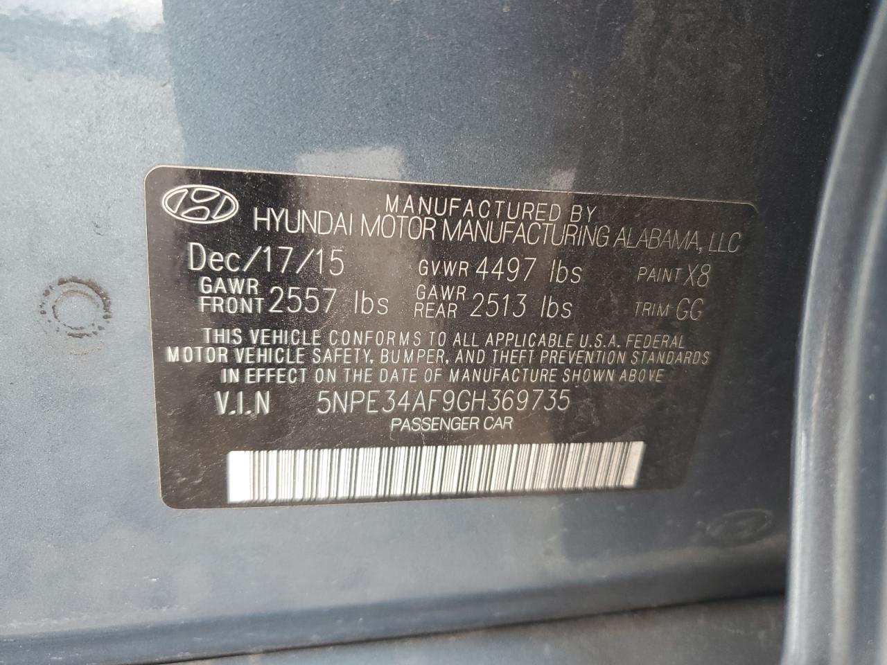 2016 Hyundai Sonata VIN 5NPE34AF9GH369735 Copart auction photo, front end damage thumbnail 14