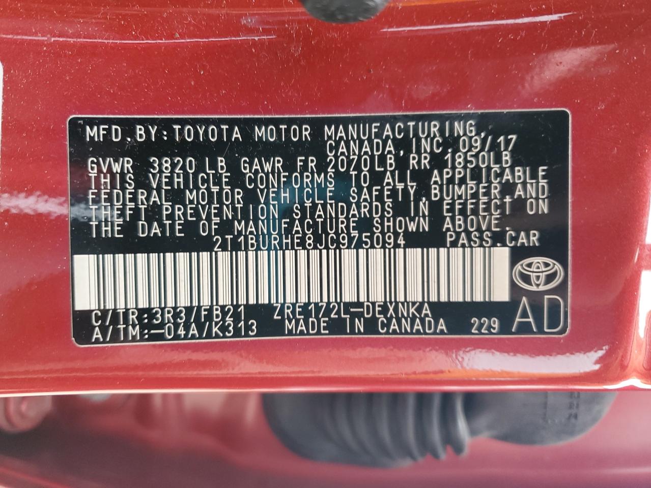 2018 Toyota Corolla VIN 2T1BURHE8JC975094 Copart auction photo, rear end damage thumbnail 12