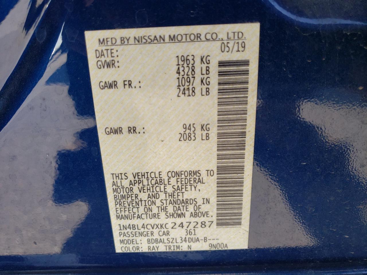 2019 Nissan Altima VIN 1N4BL4CVXKC247287 Copart auction photo, side / rear end damage thumbnail 15