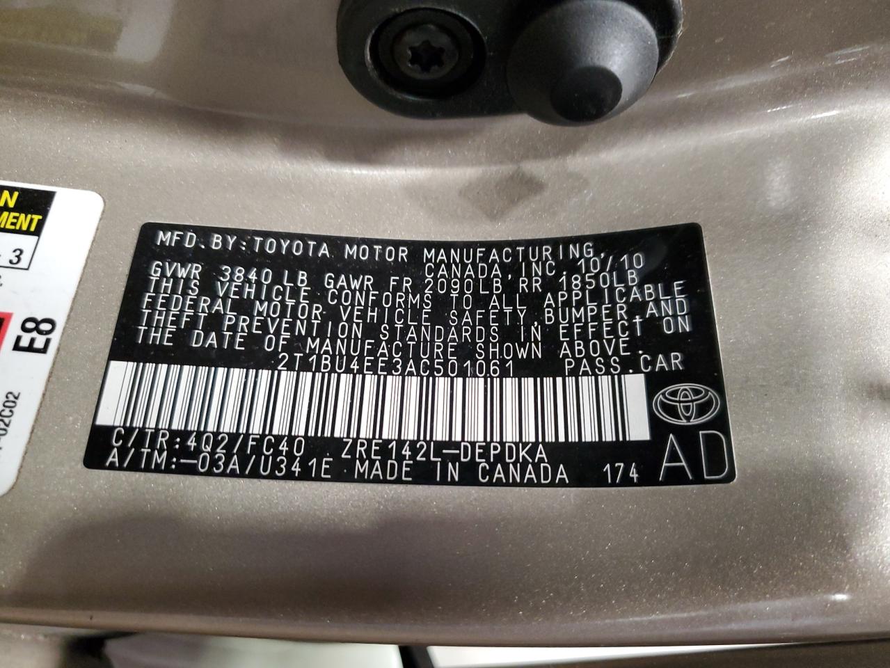 2010 Toyota Corolla VIN 2T1BU4EE3AC501061 Copart auction photo, front end / side damage thumbnail 13