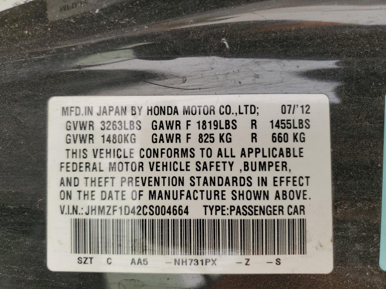 2012 Honda CR-Z VIN JHMZF1D42CS004664 Copart auction photo, undercarriage / minor dent/scratches damage thumbnail 12