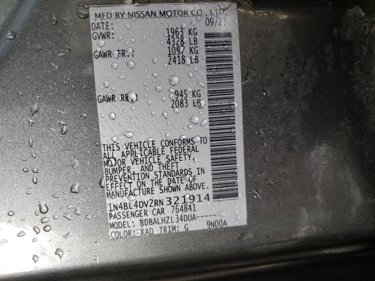 2024 Nissan Altima VIN 1N4BL4DV2RN321914 Copart auction photo, front end / side damage thumbnail 13