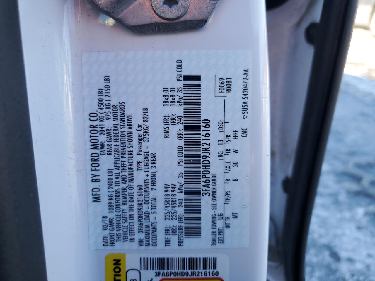 2018 Ford Fusion VIN 3FA6P0HD9JR216160 Copart auction photo, front end damage thumbnail 13