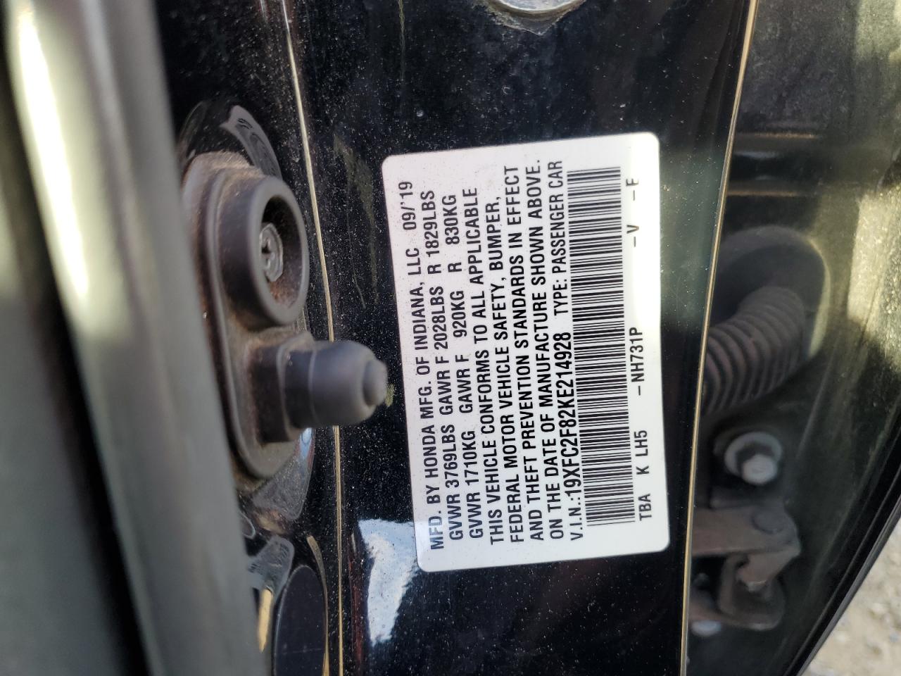2019 Honda Civic VIN 19XFC2F82KE214928 Copart auction photo, front end damage thumbnail 13