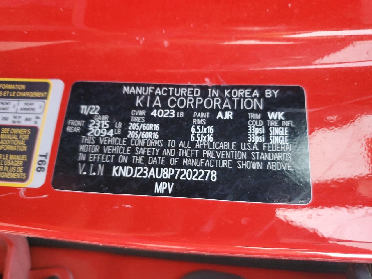 2023 KIA Soul VIN KNDJ23AU8P7202278 Copart auction photo, front end / all over damage thumbnail 12
