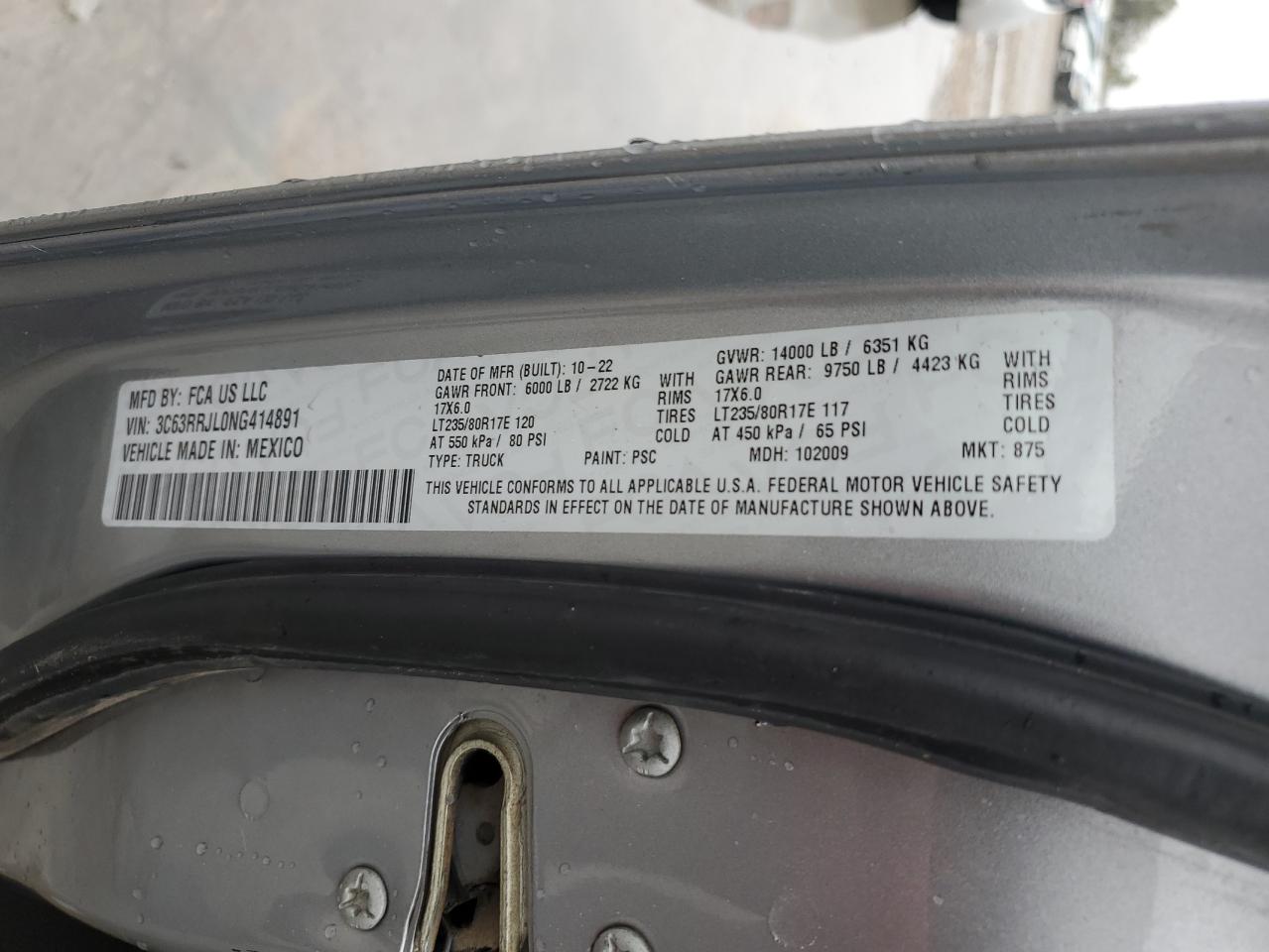 2022 Dodge RAM VIN 3C63RRJL0NG414891 Copart auction photo, side / mechanical damage thumbnail 12