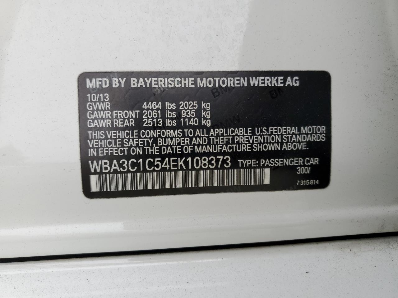 2014 BMW 3er VIN WBA3C1C54EK108373 Copart auction photo, front end damage thumbnail 15