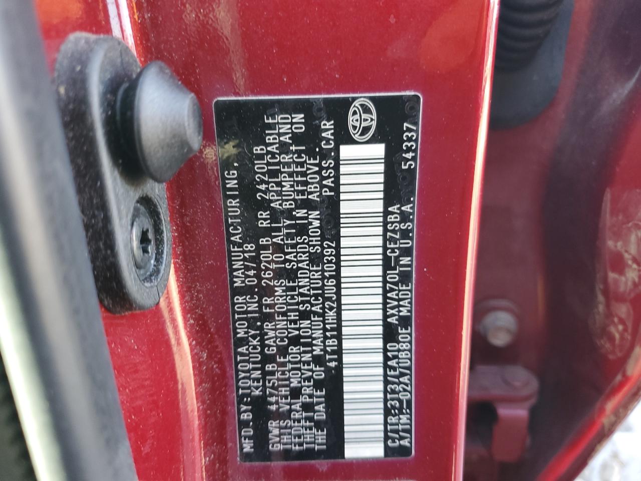 2018 Toyota Camry VIN 4T1B11HK2JU610392 Copart auction photo, front end damage thumbnail 12