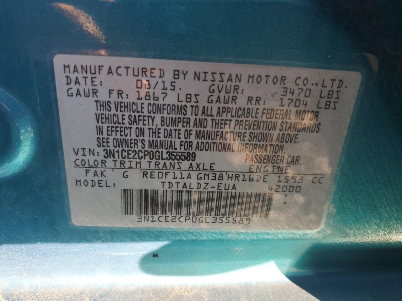 2016 Nissan Versa VIN 3N1CE2CP0GL355589 Copart auction photo, front end damage thumbnail 14
