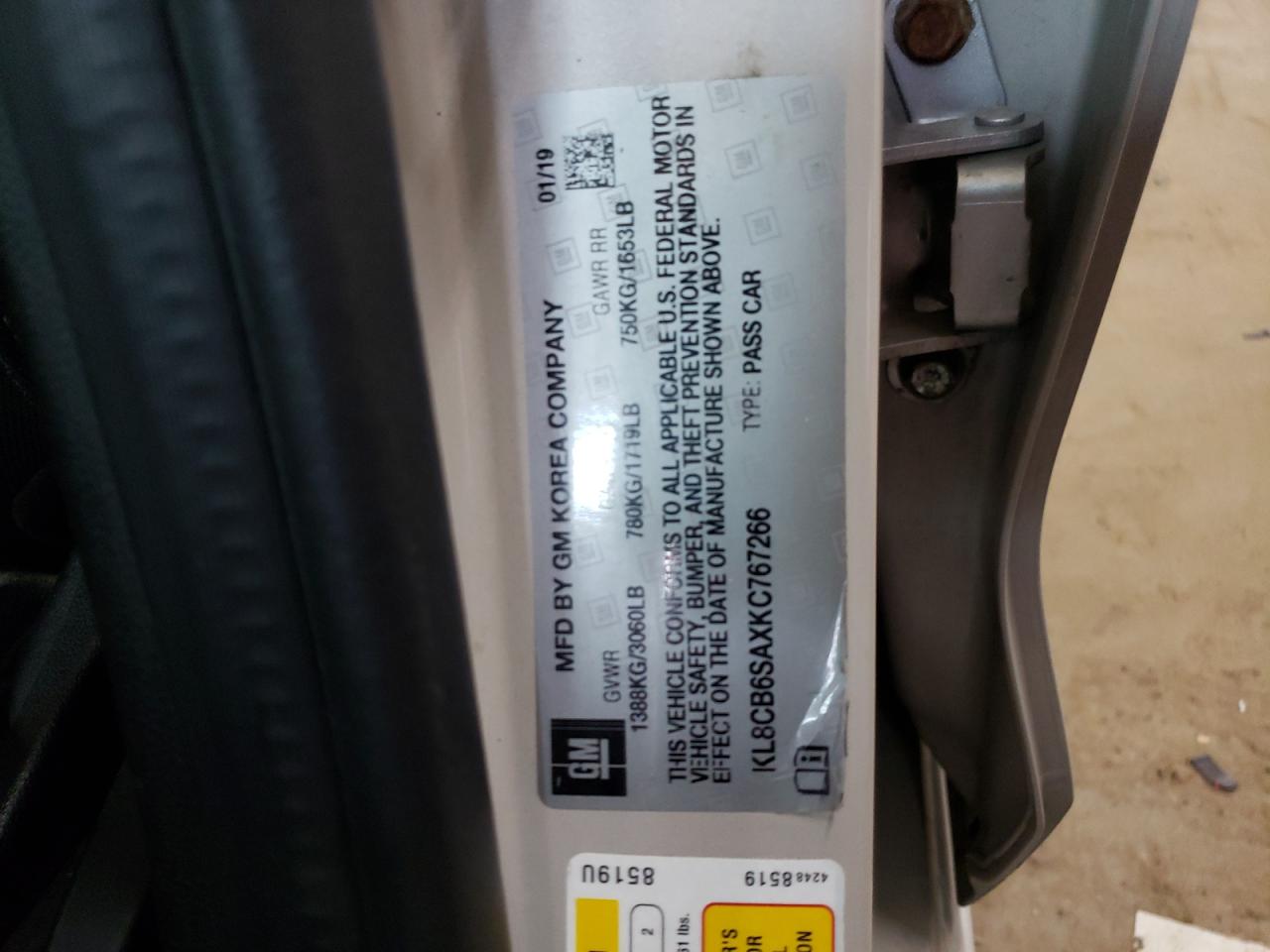 2019 Chevrolet Spark VIN KL8CB6SAXKC767266 Copart auction photo, rear end damage thumbnail 16