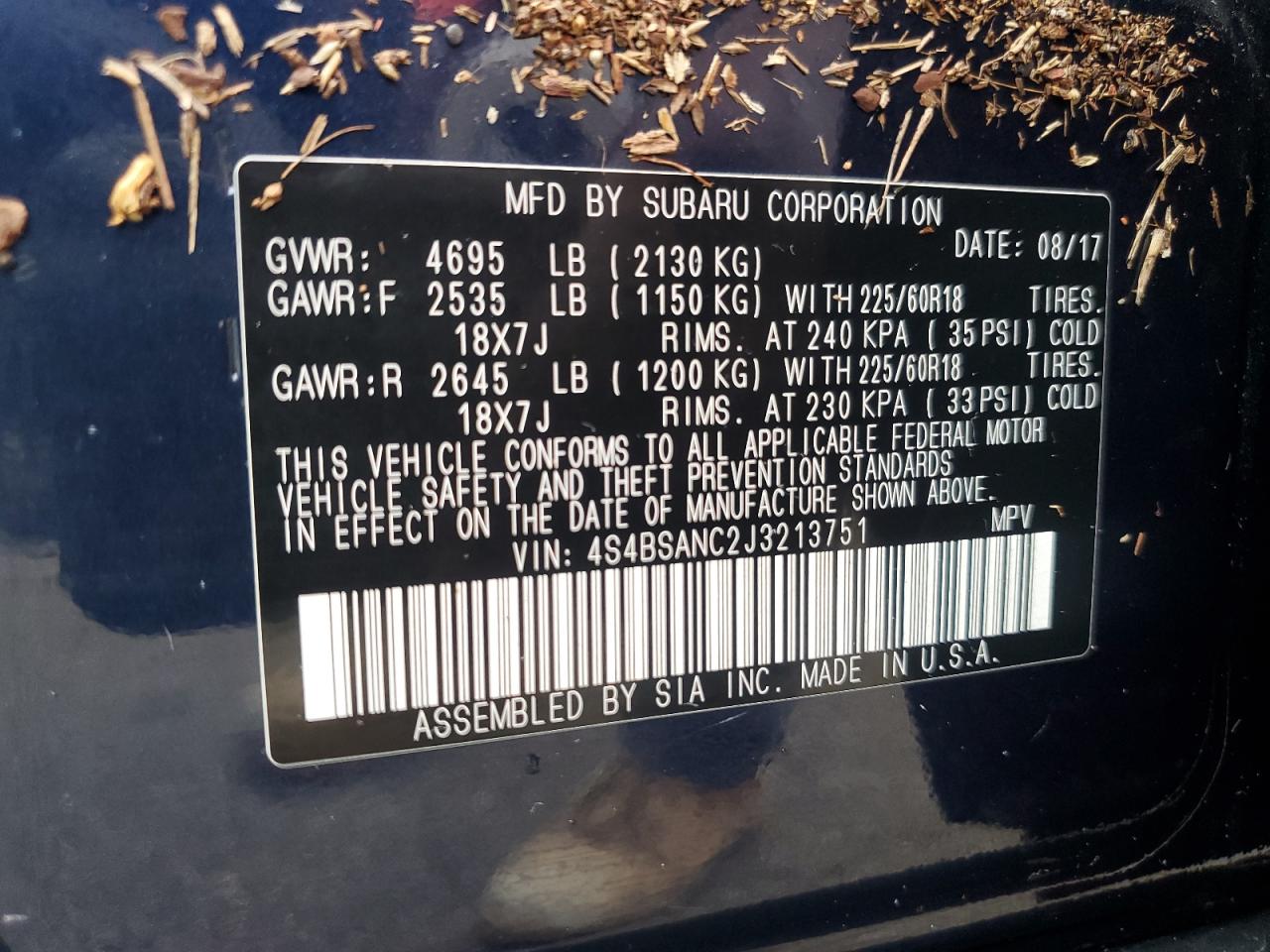 2018 Subaru Outback VIN 4S4BSANC2J3213751 Copart auction photo, water/flood damage thumbnail 14