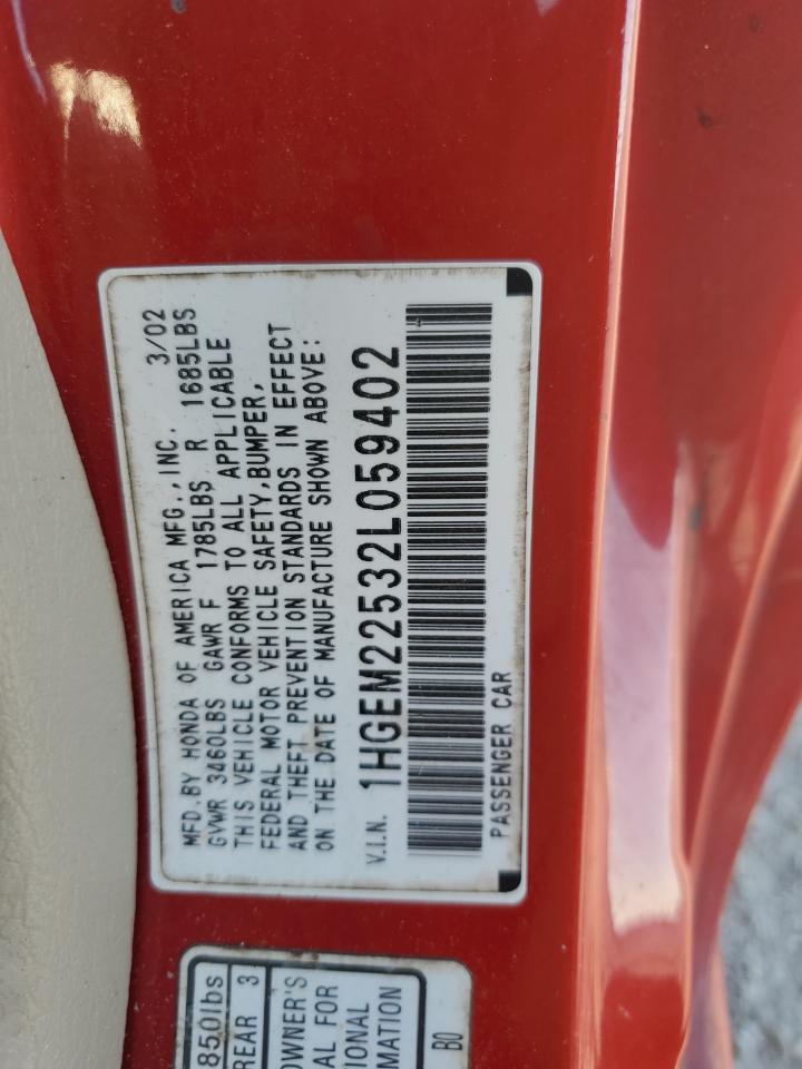 2002 Honda Civic VIN 1HGEM22532L059402 Copart auction photo, all over damage thumbnail 12