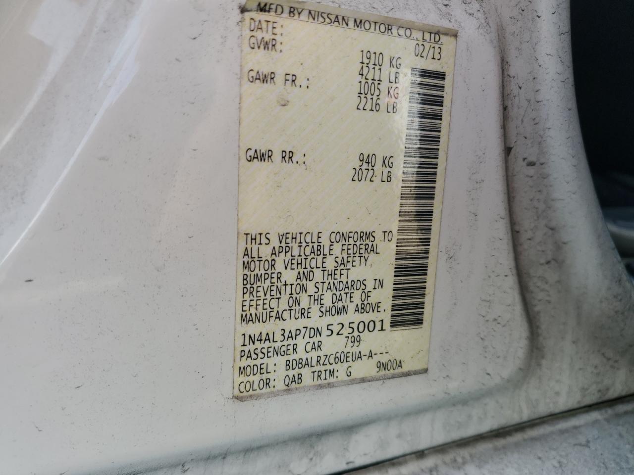 2013 Nissan Altima VIN 1N4AL3AP7DN525001 Copart auction photo, rear end damage thumbnail 12