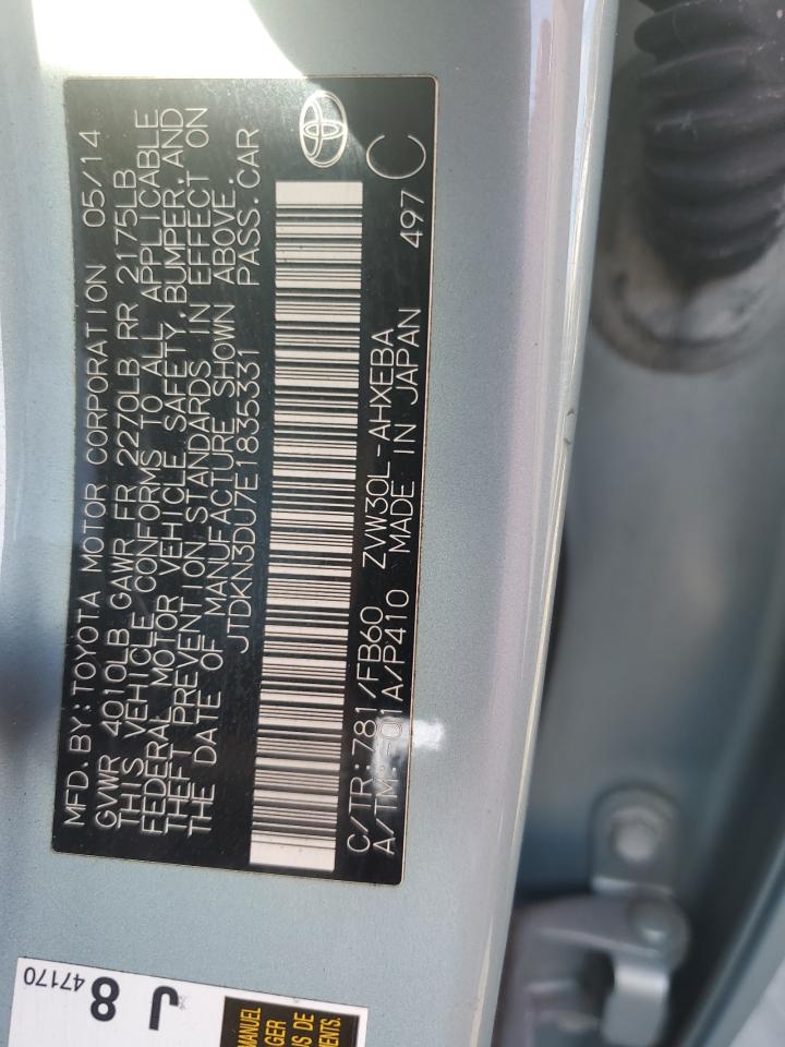 2014 Toyota Prius VIN JTDKN3DU7E1835331 Copart auction photo, side / rear end damage thumbnail 14