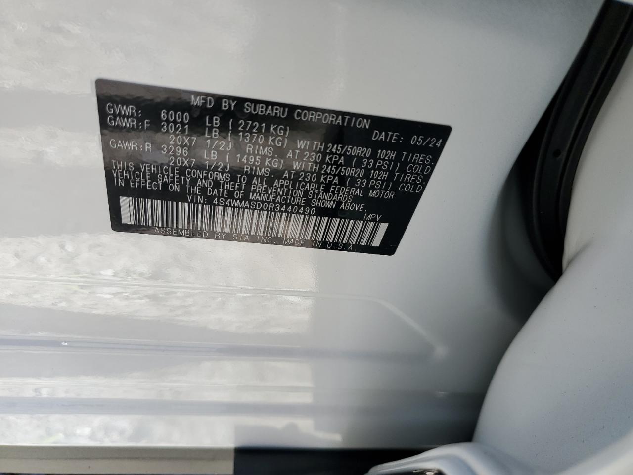 2024 Subaru Ascent VIN 4S4WMASD0R3440490 Copart auction photo, front end / rear end damage thumbnail 13
