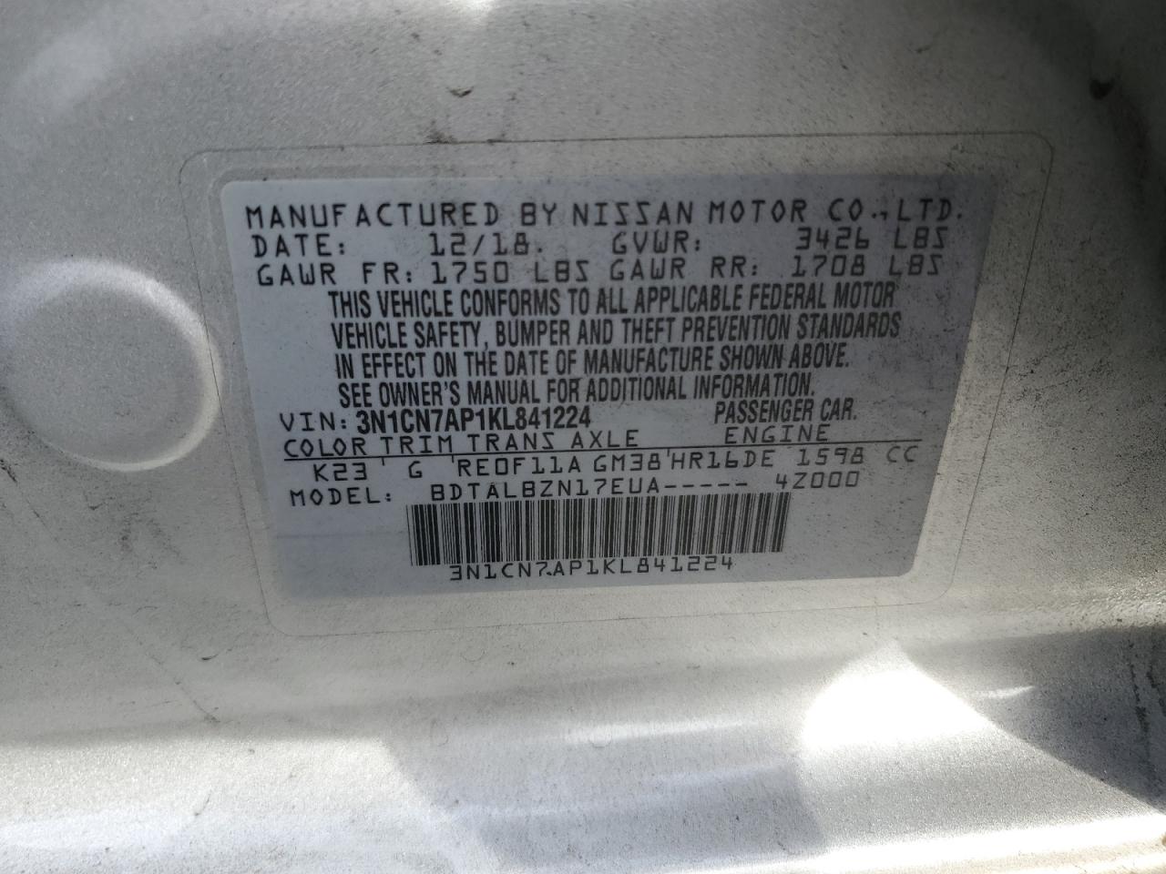 2019 Nissan Versa VIN 3N1CN7AP1KL841224 Copart auction photo, front end damage thumbnail 13