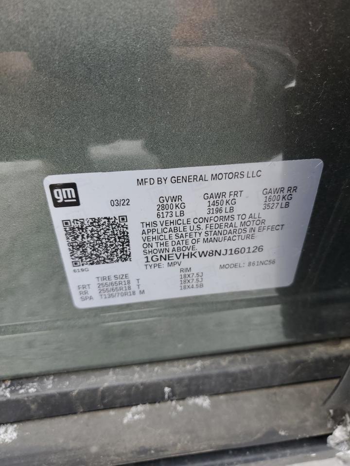 2022 Chevrolet Traverse VIN 1GNEVHKW8NJ160126 Copart auction photo, side damage thumbnail 14