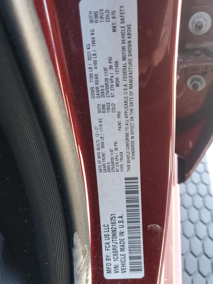 2022 RAM 1500 VIN 1C6SRFJT0NN216751 Copart auction photo, front end / mechanical damage thumbnail 12
