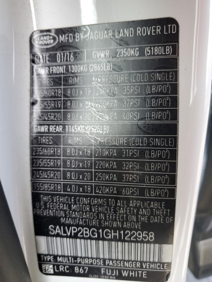2016 Land Rover Range Rover VIN SALVP2BG1GH122958 Copart auction photo, mechanical damage thumbnail 13
