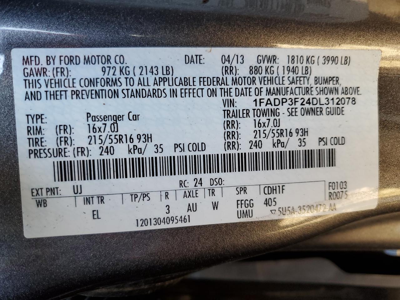 2013 Ford Focus VIN 1FADP3F24DL312078 Copart auction photo, rear end / front end damage thumbnail 14