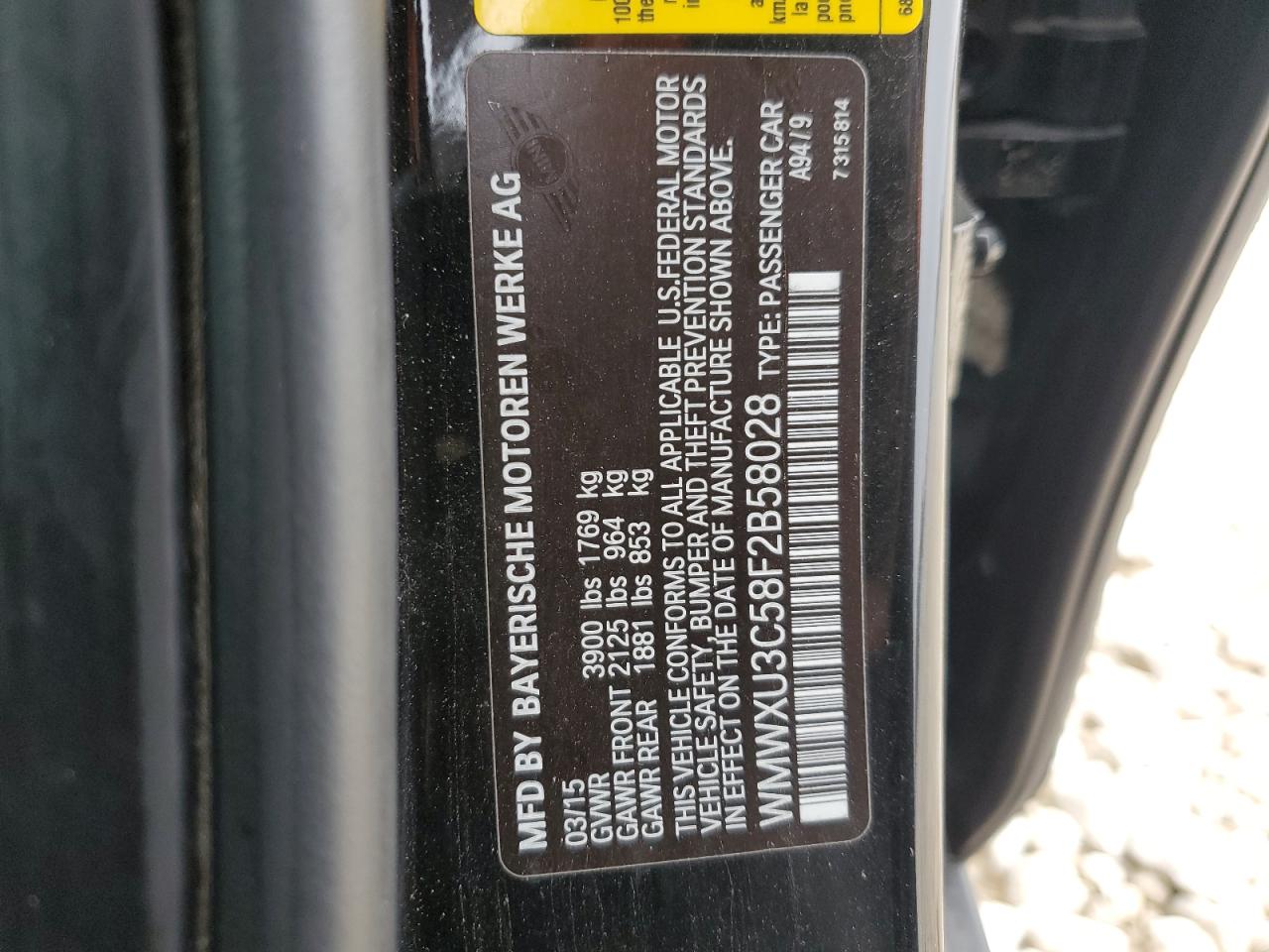 2015 MINI Cooper VIN WMWXU3C58F2B58028 Copart auction photo, front end damage thumbnail 12