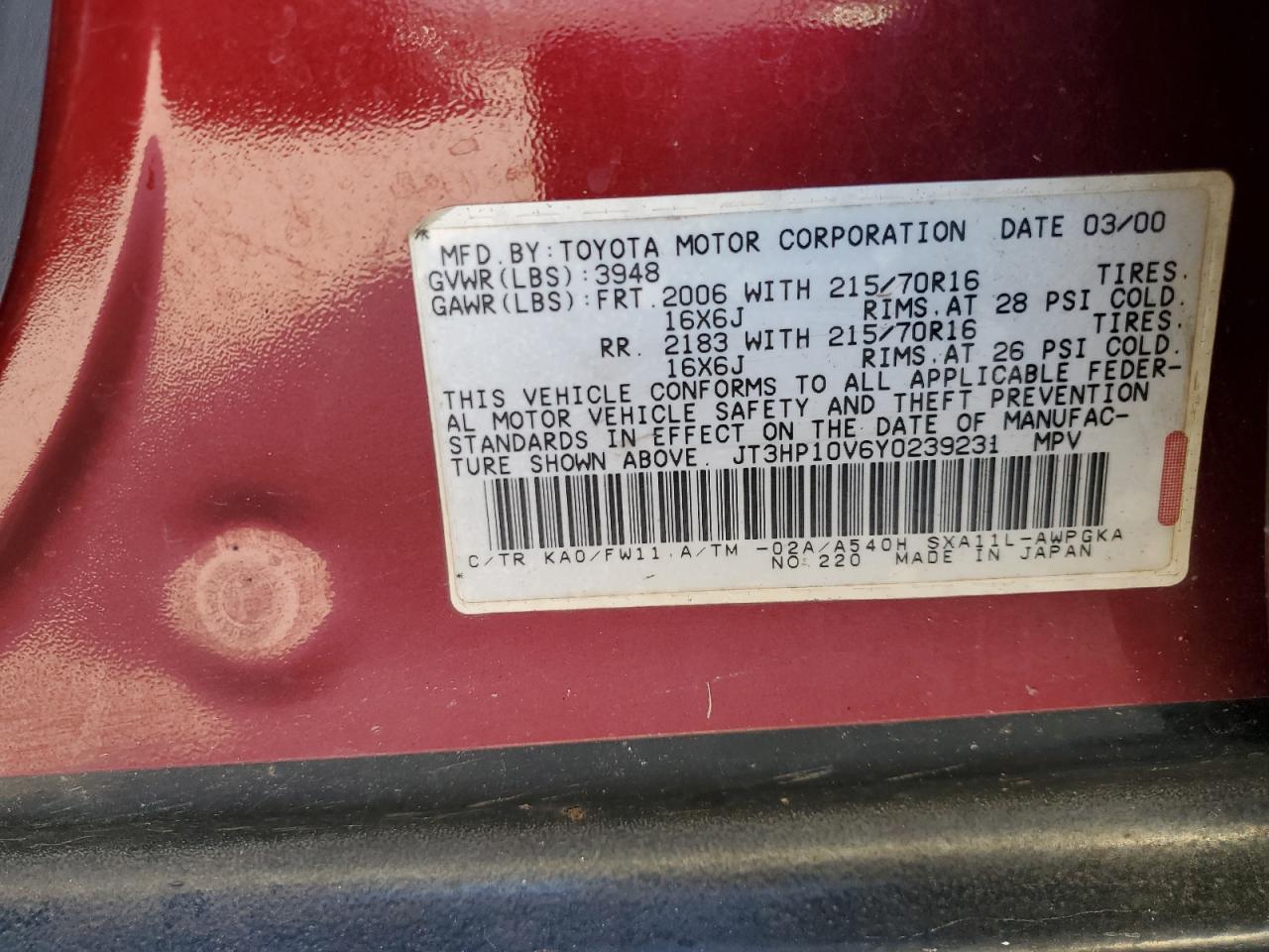 2000 Toyota RAV 4 VIN JT3HP10V6Y0239231 Copart auction photo, front end damage thumbnail 14