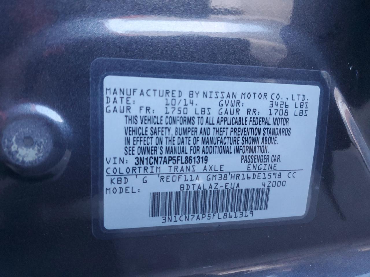 2015 Nissan Versa VIN 3N1CN7AP5FL861319 Copart auction photo, front end / side damage thumbnail 13