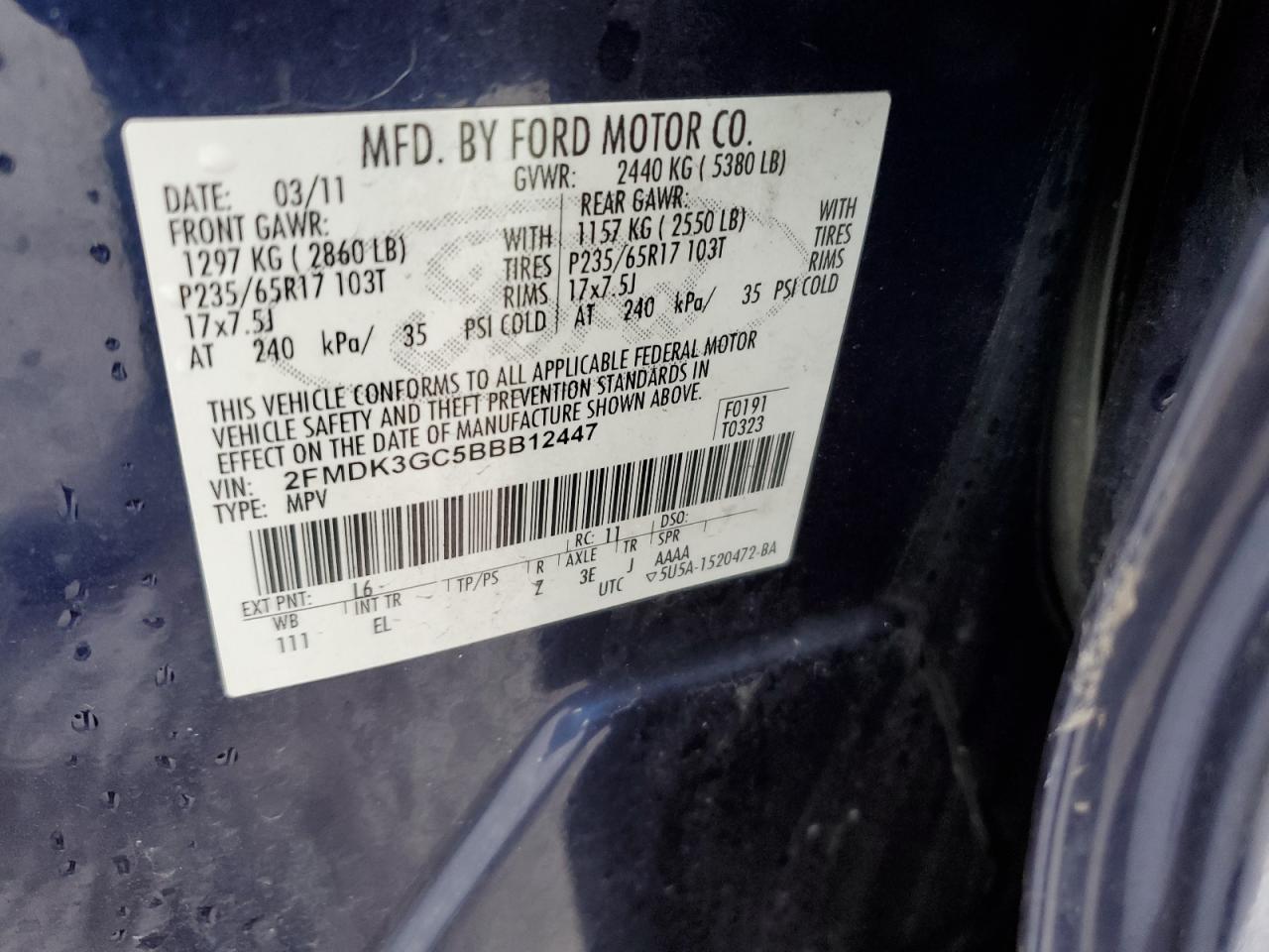 2011 Ford Edge VIN 2FMDK3GC5BBB12447 Copart auction photo, front end damage thumbnail 16