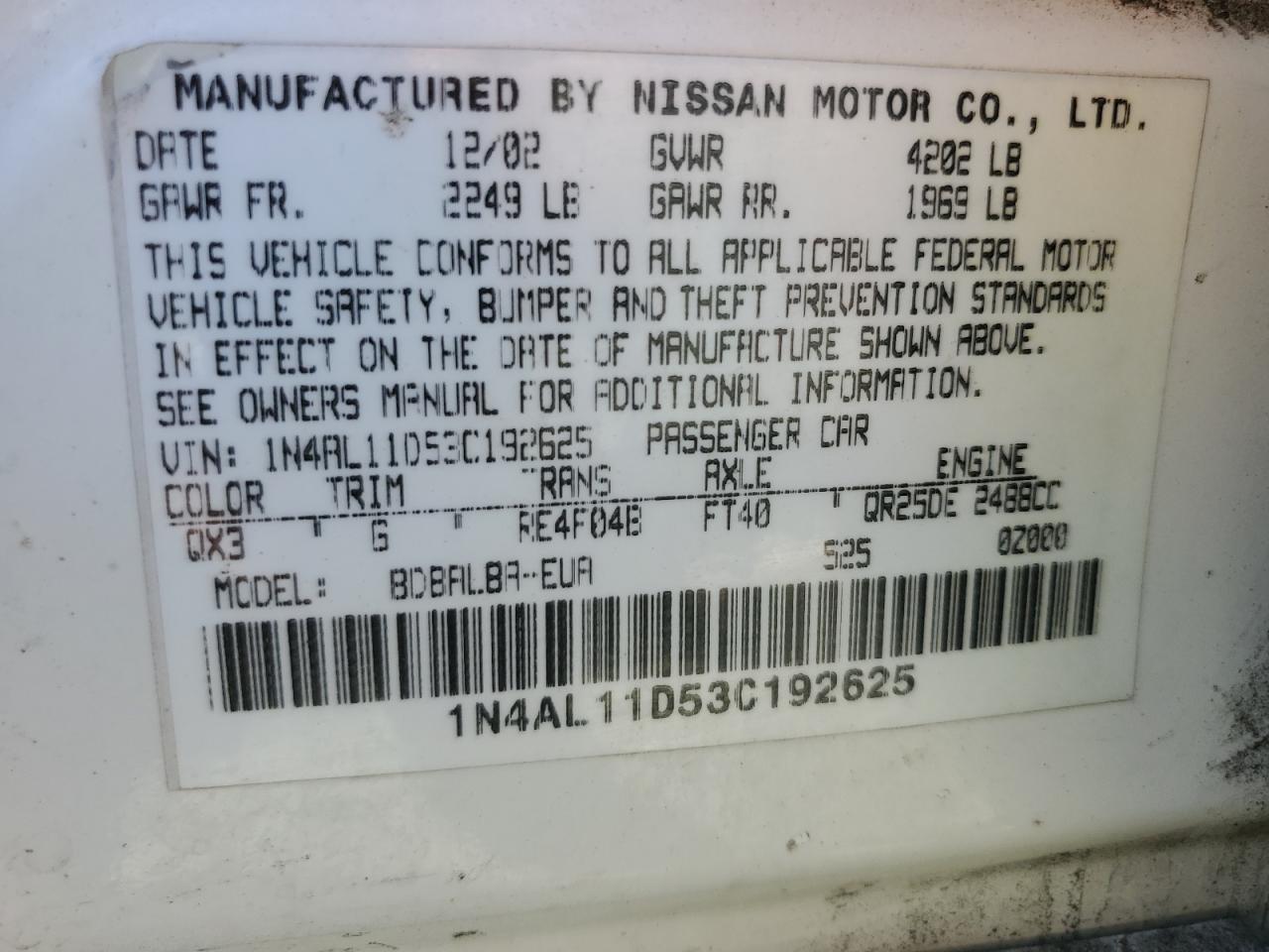 2003 Nissan Altima VIN 1N4AL11D53C192625 Copart auction photo, minor dent/scratches damage thumbnail 12