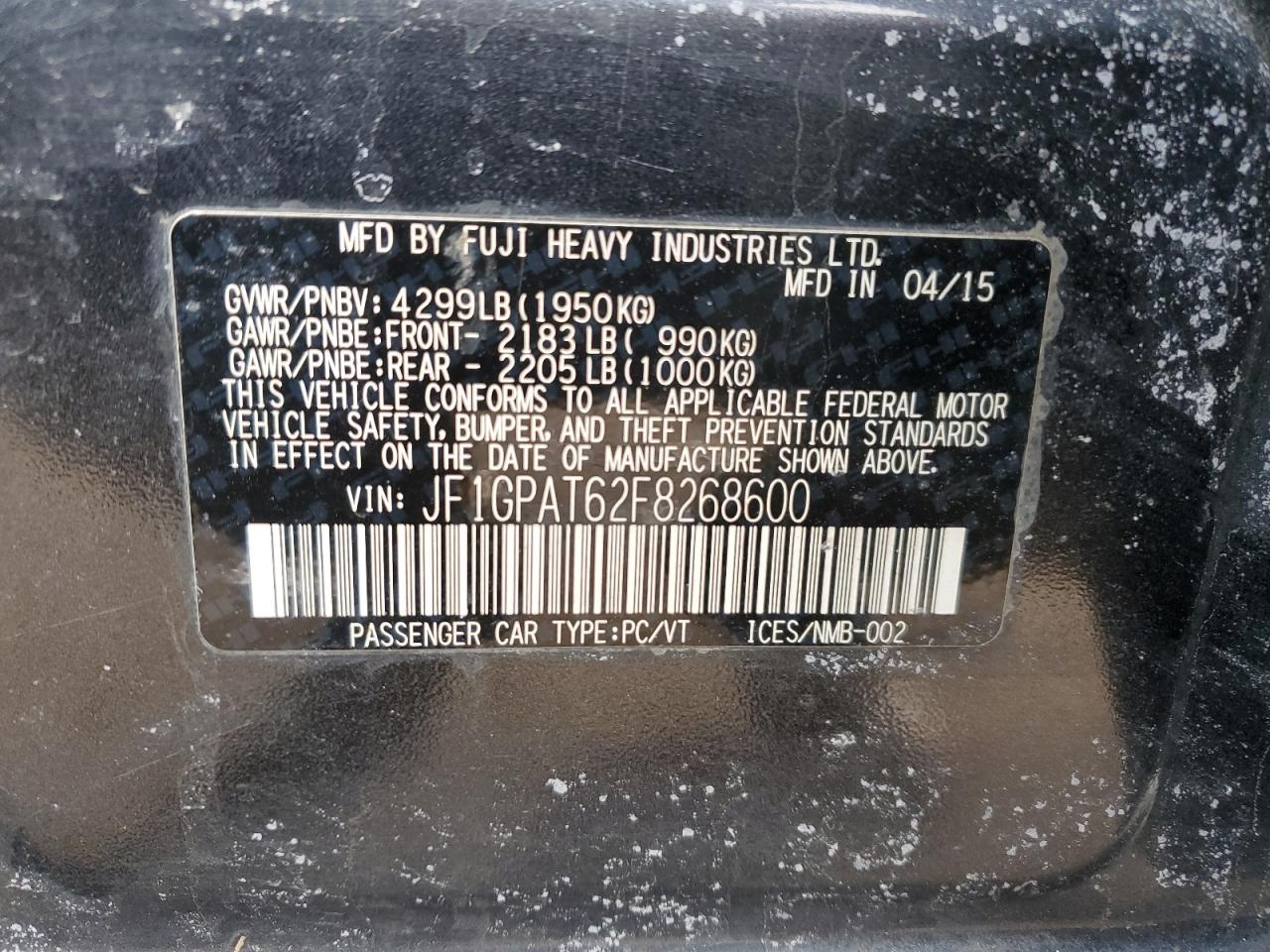2015 Subaru Impreza VIN JF1GPAT62F8268600 Copart auction photo, rear end damage thumbnail 12