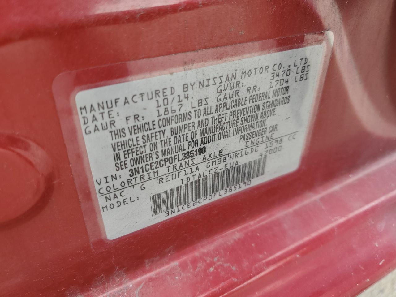 2015 Nissan Versa VIN 3N1CE2CP0FL385190 Copart auction photo, front end damage thumbnail 15