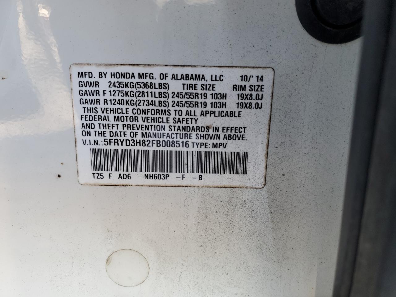 2015 Acura MDX VIN 5FRYD3H82FB008516 Copart auction photo, front end damage thumbnail 15