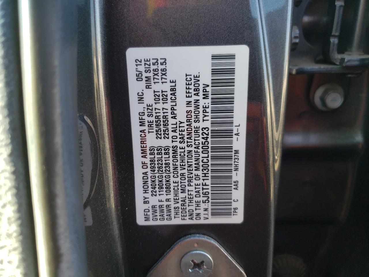 2012 Honda Crosstour VIN 5J6TF1H30CL005423 Copart auction photo, rear end damage thumbnail 12