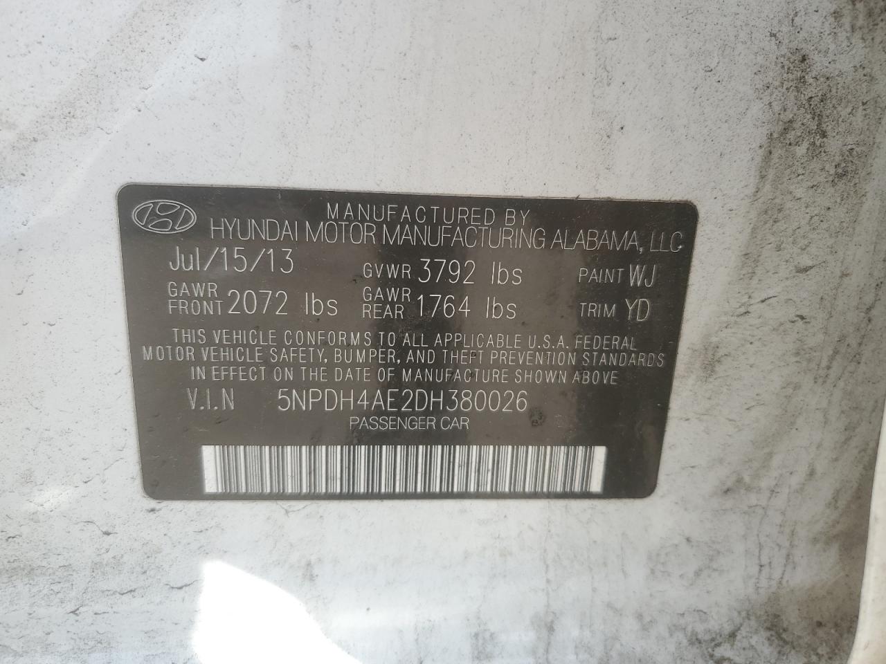 2013 Hyundai Elantra VIN 5NPDH4AE2DH380026 Copart auction photo, front end / vandalism damage thumbnail 14