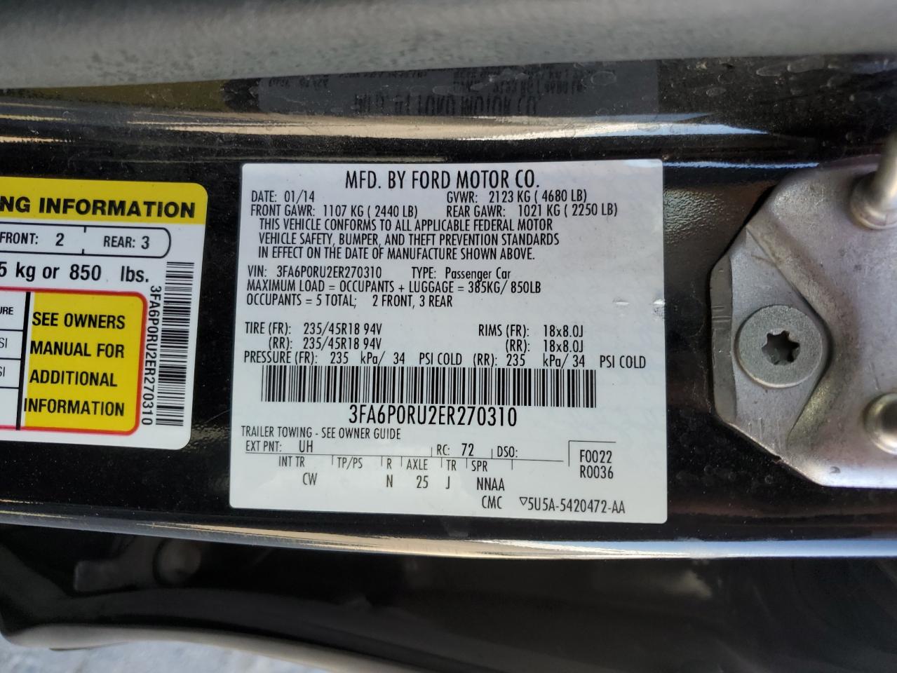 2014 Ford Fusion VIN 3FA6P0RU2ER270310 Copart auction photo, rear end / side damage thumbnail 13