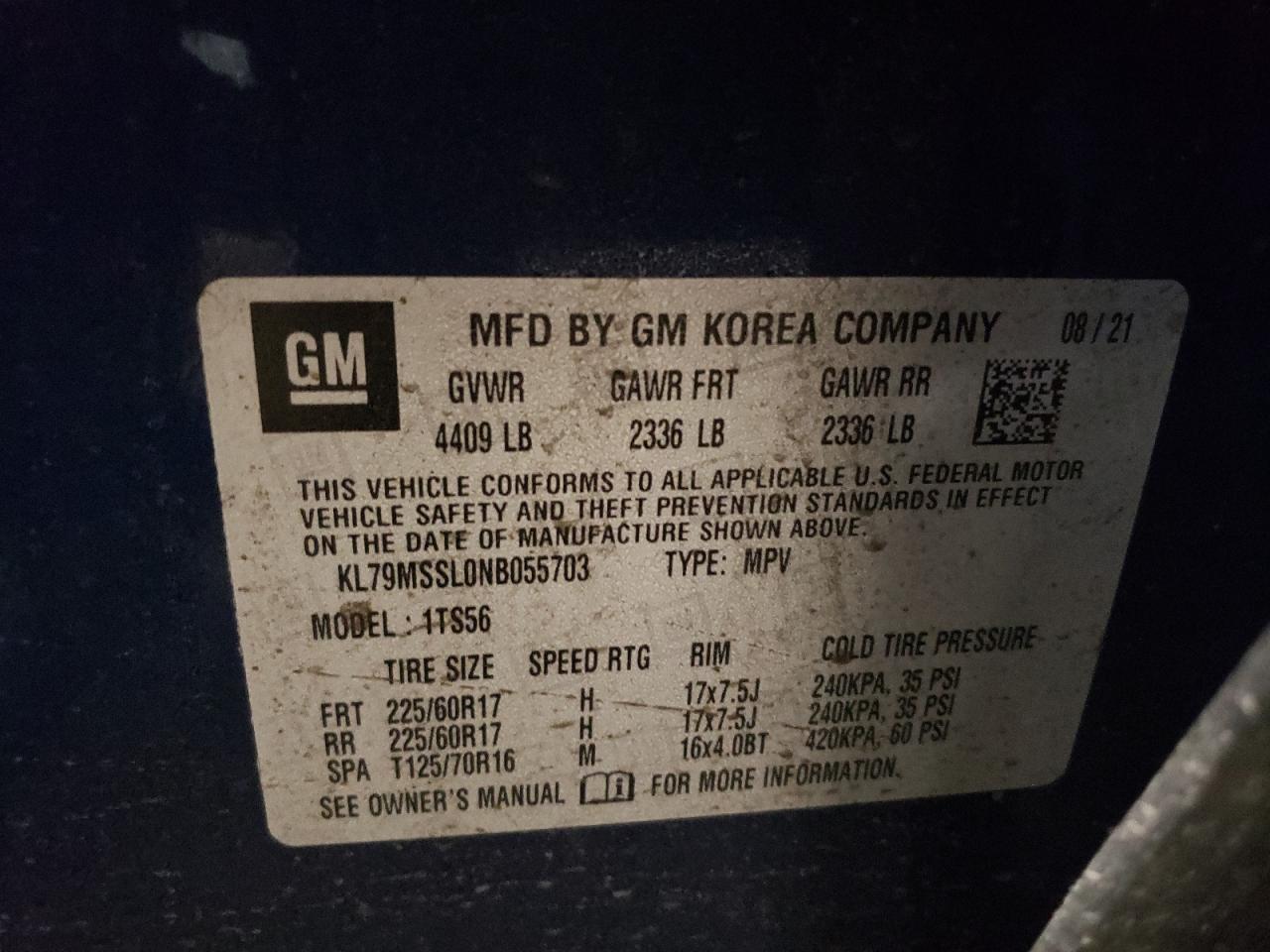 2022 Chevrolet TrailBlazer VIN KL79MSSL0NB055703 Copart auction photo, all over damage thumbnail 12