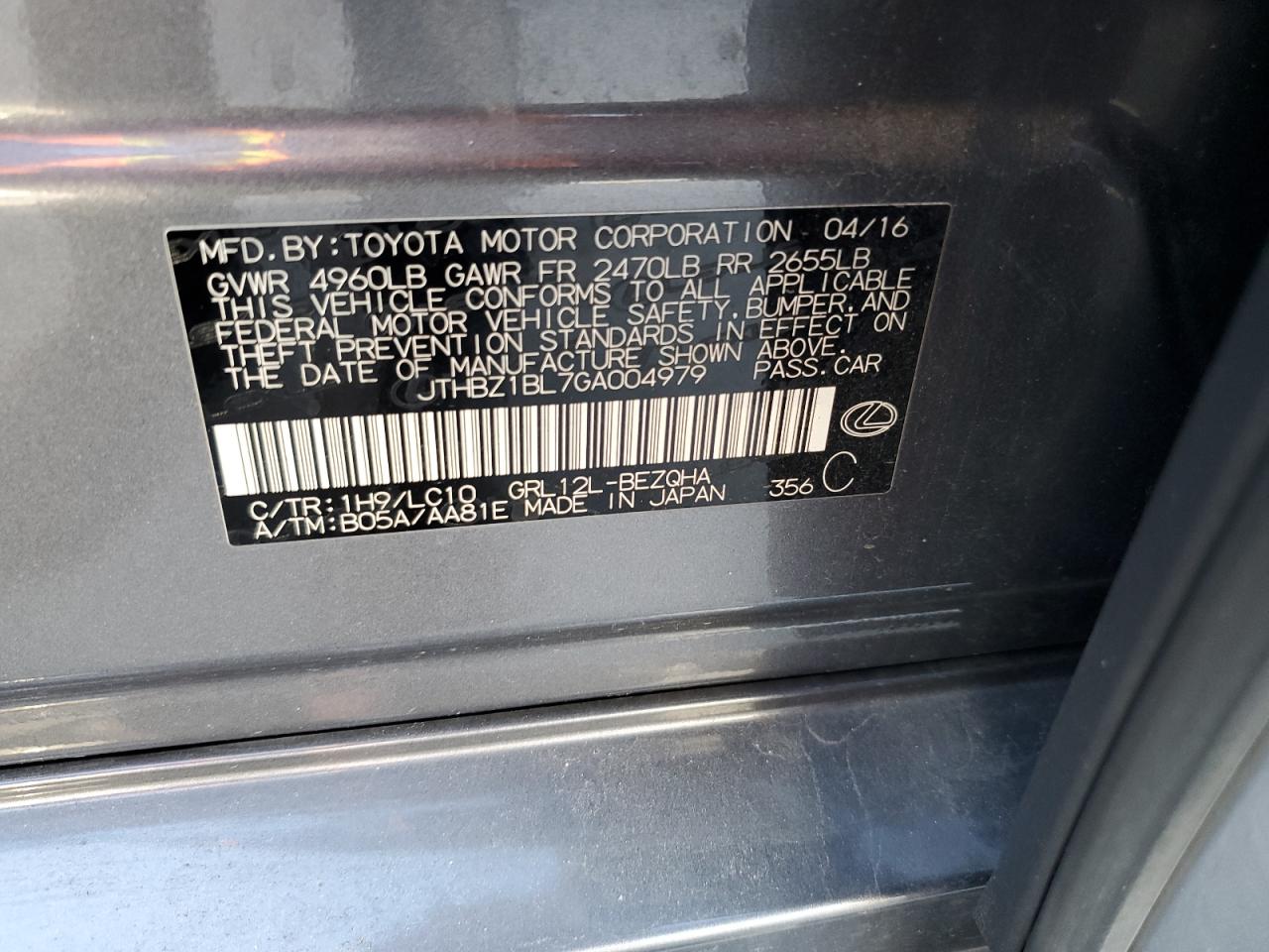 2016 Lexus GS VIN JTHBZ1BL7GA004979 Copart auction photo, front end / side damage thumbnail 12