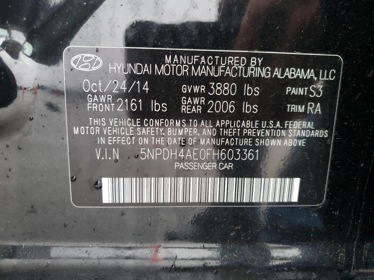 2015 Hyundai Elantra VIN 5NPDH4AE0FH603361 Copart auction photo, rear end damage thumbnail 12